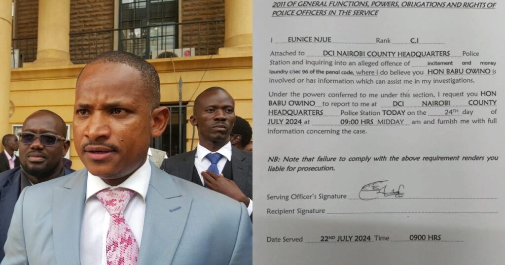 Embakasi East MP Babu Owino has been summoned by the Directorate of Criminal Investigations (DCI) over allegations of incitement and money laundering.