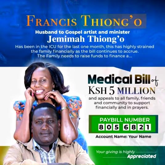 Gospel Singer Jemimah Thiong'o Seeks Help for Husband's Medical Bills, Appeals for Sh3 Million