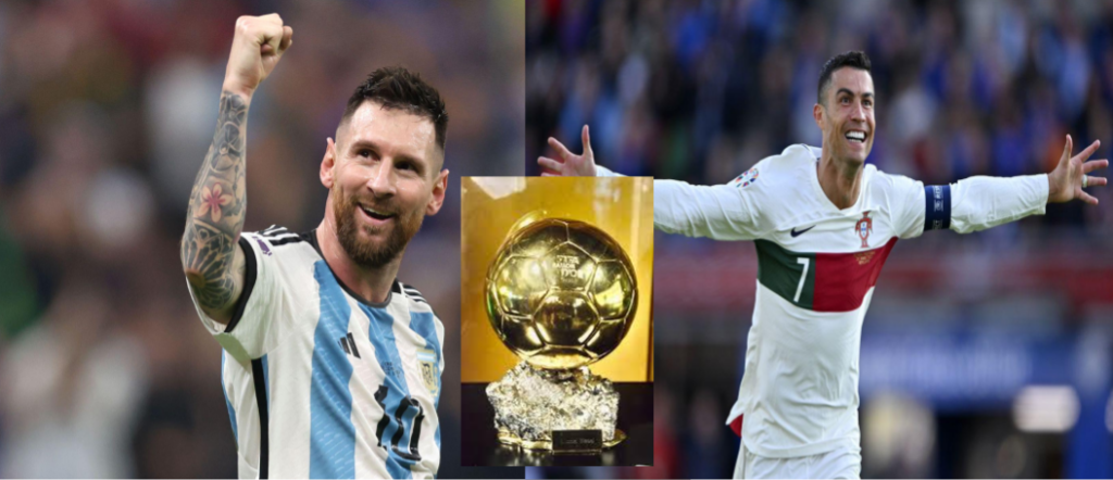 A collage of Messi, Ballon D'or and Ronaldo