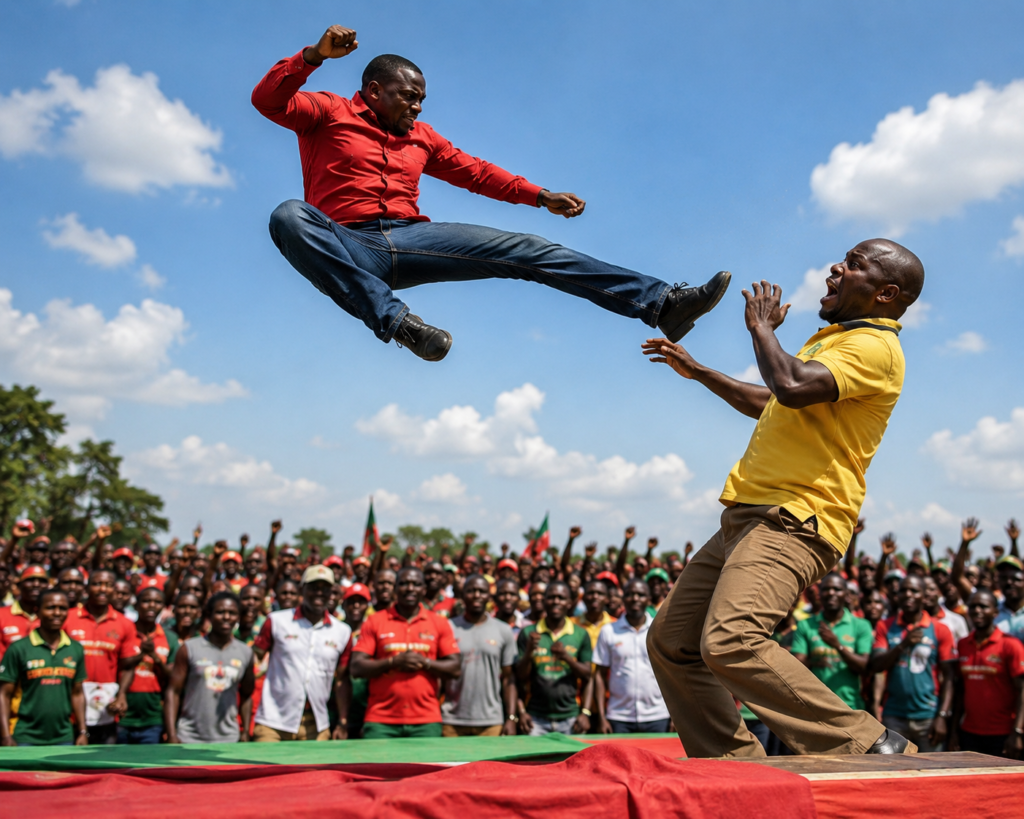 A Linda Mwananchi Politician Jumps up to 20 Feet into the Air, Does a Jet-lee Spin and Delivers a High Voltage Flying Kick to a TUTAM Politician and Forces him to Run & Hide in a Nearby Sugarcane Plantation in Bungoma, Watch